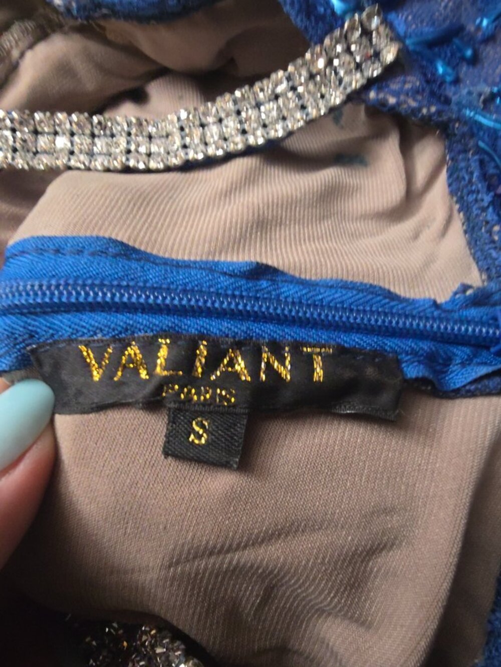 Valiant Paris Hand Painted Blue Lace Rhinestone Bodycon Dress, Size S - Picture 8 of 9